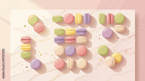 An assortment of sweet pastel macarons viewed from above. This flat lay illustration is ideal for cafe menus, dessert packaging, party decor, and social media graphics.