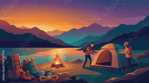 A couple sets up a tent by a tranquil mountain lake at sunset. A warm campfire glows, creating a peaceful scene for travel, adventure, and outdoor lifestyle concepts.