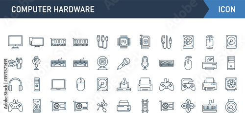 Computer hardware outline icon set including monitor keyboard mouse processor webcam printer gaming controller storage and peripheral technology symbols