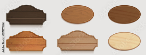 3d realistic wooden sign with vintage texture, vector set isolated on background. Rustic wood plank board for farm, saloon, or restaurant menu design. Blank timber frame