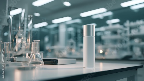 Product Presentation in Laboratory: A minimalist presentation of a sleek product, set against the backdrop of a modern laboratory, highlighting innovation and scientific precision.