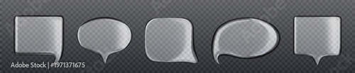Glossy transparent chat bubble icon with liquid glass effect, set of realistic vector shapes. Modern 3D speech balloons for messaging apps, digital communication interfaces, and tech dialogue design