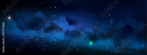 Starry blue sky background with nebula clouds and cosmic light, space universe scene with glowing stars, abstract vector illustration. Night bright wallpaper with glowing constellation