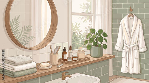 A serene bathroom illustration with natural light, a round mirror, skincare products, and a hanging bathrobe. Perfect for wellness, self-care, and home decor concepts.