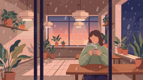 A woman in a cozy sweater enjoys a hot drink in a warm cafe while it rains outside. Peaceful illustration for relaxation, coffee break, or autumn mood concepts.