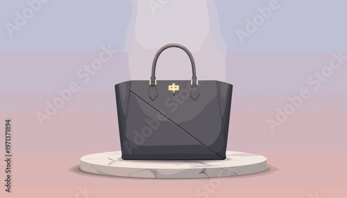 Elegant illustration of a luxury grey leather handbag on a marble pedestal. A sophisticated and minimalist concept for fashion advertising, retail, or e-commerce.