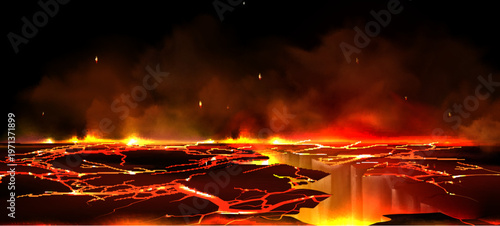 Glowing lava texture with molten magma in ground cracks, fiery red volcanic background, realistic vector illustration. Dramatic hellish liquid flame, broken stone with hot smoke and flying sparks