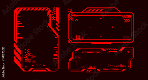 Futuristic red HUD frames set isolated on black background. Vector realistic illustration of neon tech elements for sci fi interface, digital borders, holographic displays, cyberpunk game UI borders