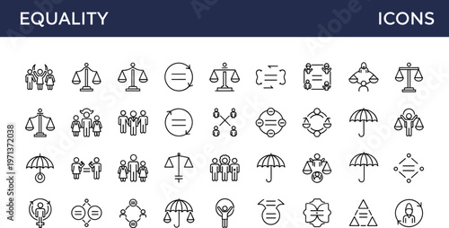 Equality diversity line icon set with balance justice inclusion gender rights social unity outline vector symbols collection pack