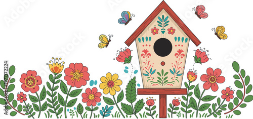 A small wooden birdhouse nest box with a hole sits as a garden decoration among spring flowers and green nature trees, creating a beautiful home for birds