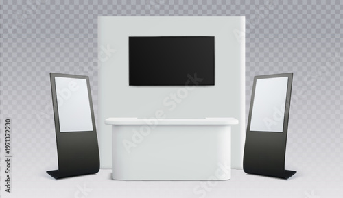 3d realistic trade show booth mockup with blank banners, display panel and counter, vector template isolated on transparent bg. Exhibition stand presentation, promotional event design in render style