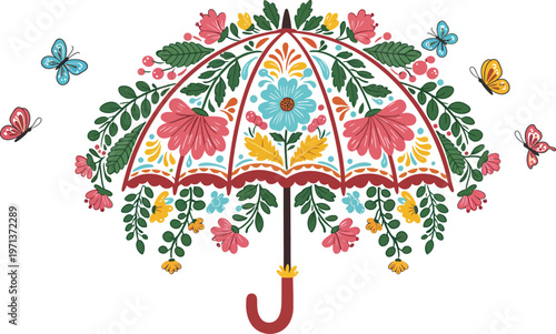 A colorful vector illustration of an open umbrella and autumn flowers provides a stylish rainy weather shelter and protective accessory design