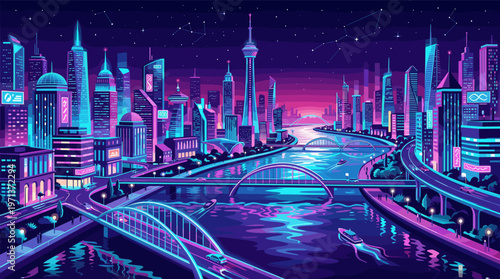 A vibrant illustration of a futuristic metropolis at night. Neon lights reflect on the river, perfect for technology, gaming, or sci-fi themed backgrounds and designs.