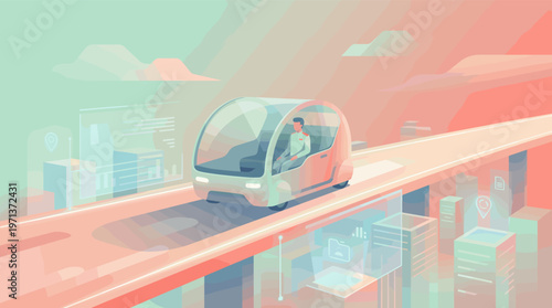 Illustration of a man in a futuristic self-driving pod on an elevated road in a smart city with data visualizations. Concept for AI, transport, and urban innovation.