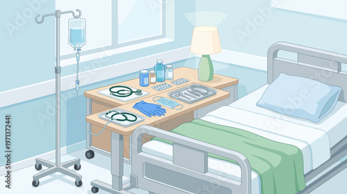 Illustration of a clean, empty hospital room with a bed, IV drip, and medical supplies. A calm, sterile scene for healthcare, insurance, or medical concept visuals.