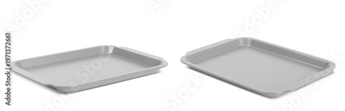 Empty plastic lunch tray with handles for cafeteria meals, angle view, 3D realistic vector illustration isolated on white background. Grey isometric mockup for fast food service design
