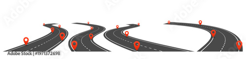 Winding highway road with infographic 3D isometric location pins, asphalt track or route with target signs. Vector roadmap illustration, zig zag path for journey, navigation concept design isolated