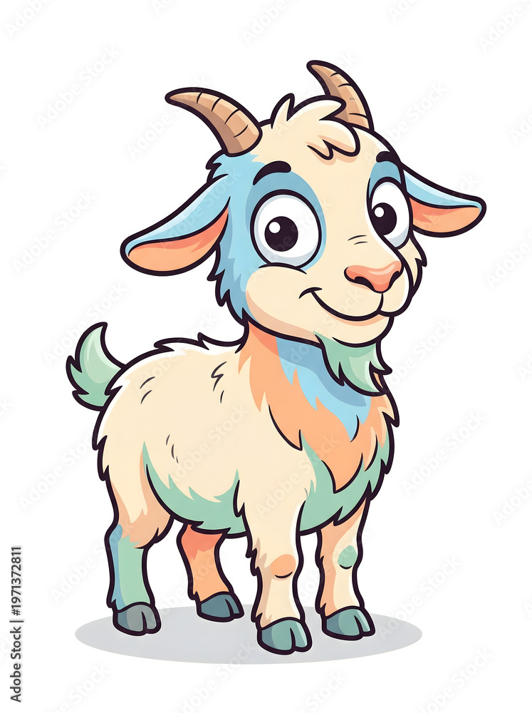 Fototapeta premium Cute cartoon goat illustration with big eyes and horns, standing and looking forward, suitable for children's books or farm animal themes