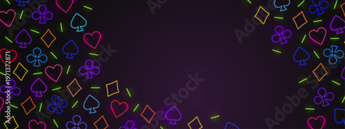 Neon online gambling casino border, color poker card signs glowing on dark background. 3D Vegas blackjack game banner with futuristic design and outline symbols, vector illustration
