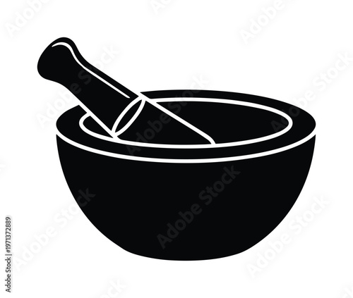 Mortar and pestle vector icon, traditional kitchen tool, black silhouette graphic element, grinding bowl illustration for culinary, pharmacy, and herbal medicine designs