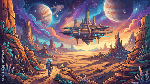 A lone astronaut explores a vibrant alien desert canyon with a futuristic floating city in the sky. Epic sci-fi concept for adventure, exploration, and technology themes.