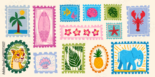 Vintage summer hand drawn postage stamps with tropical beach elements, postcard frames, vector sticker illustrations. Exotic vacation motifs, retro travel design and coastal prints with palm leaves