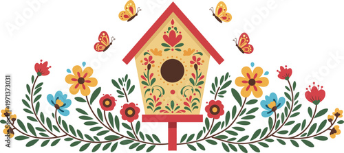 Birds on a tree with floral garden flowers and a wooden birdhouse nest box in a spring nature vector illustration of an old house home design