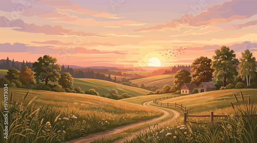 A tranquil vector illustration of a rural landscape at sunset. A winding road leads to a cozy farmhouse amidst rolling hills under a warm, golden sky. Perfect for idyllic themes.
