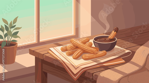 Vector illustration of fresh churros with sugar and hot chocolate dip on a wooden table. Cozy, warm scene for cafe menus, food blogs, or breakfast promotions.