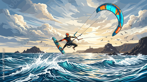 Dynamic illustration of a kitesurfer jumping high over ocean waves at sunset. Ideal for adventure, extreme sports, and travel concepts. Energetic and inspiring.