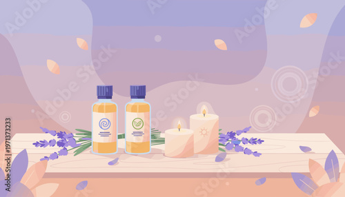 A tranquil aromatherapy scene with lavender essential oils and lit candles. A soothing vector illustration for spa, wellness, and self-care concepts with copy space.
