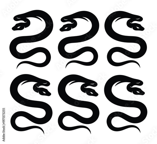 Stylized black snake vector set, six identical serpent illustrations, mythical creature graphic resource, danger and power symbol for branding and design.