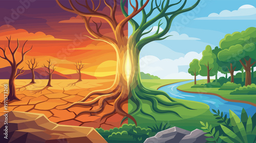A powerful vector illustration showing a tree split between a dead, arid desert and a vibrant, lush forest. Conceptual art for climate change, ecology, and environmental choice.
