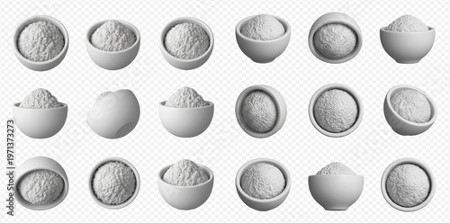 Collection of white bowls filled with various powdered ingredients, including flour, sugar, and spices, presented in a clean, isolated studio shot.