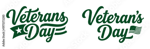 Veterans Day Calligraphy Vector Set. Elegant Script Lettering for Remembrance Day, Patriotic Holiday Design. Green Typography with Star and Flag Accents, Honoring Military Service.
