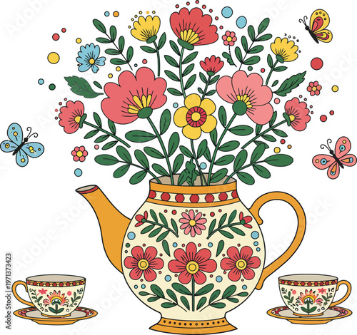 A beautiful still life with a pink floral bouquet of spring blossoms in a decorative pitcher beside a tea cup, creating a nature-inspired design with fresh green leaves and summer daisies