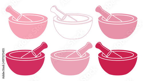 Pink mortar and pestle vector set, six pharmaceutical grinding tools, medical and herbal preparation equipment, laboratory and kitchen utensil collection for health and wellness designs.