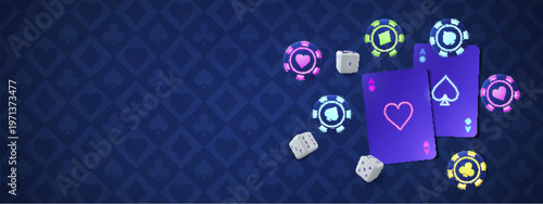Neon casino items glowing on gambling themed background. Vector realistic illustration of poker cards, dice and chips, online betting app design, slot machine business banner, lucky fortune sign