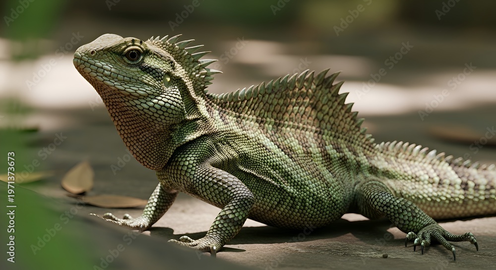 Fototapeta premium Green Water Dragon Lizard with Spiky Crest on Wooden Surface in Sunlight