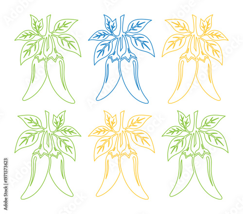 Chili pepper vector outline set, six vibrant chili peppers with leaves, spicy food ingredient illustration, hot pepper graphic resource for culinary design