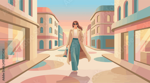 Vector illustration of a stylish woman in a trench coat walking down a chic European street. Modern, elegant concept for fashion, travel, or retail.