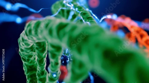 A 3D rendered image of a green DNA double helix structure with a blurred orange DNA helix in the background against a dark blue backdrop