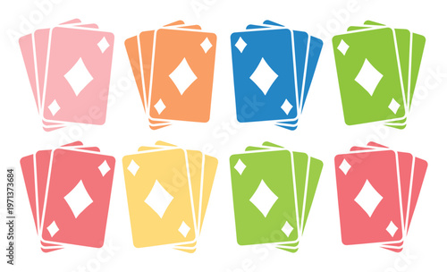 Colorful playing cards vector collection, diamond suit card game elements, vibrant casino and entertainment graphics, fun leisure activity illustrations