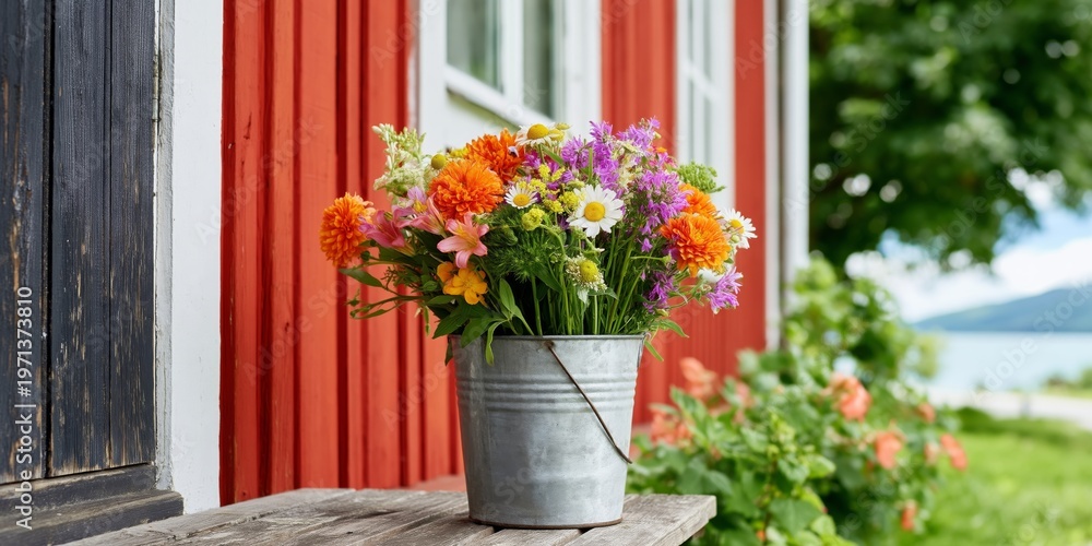 Obraz premium Bright Flowers in a Metal Bucket Displayed on a Red Barn Wall in a Garden Setting During Daytime