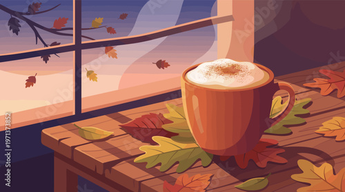 A warm mug of coffee sits on a wooden table with autumn leaves by a window. Cozy illustration of a tranquil fall evening, perfect for seasonal or cafe-themed designs.