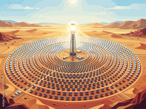 Illustration of a concentrated solar power plant in the desert. A central tower reflects sun from mirrors. Concept for renewable energy, sustainability, and future technology.