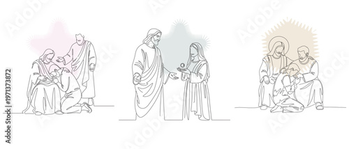 Continuous Line Drawing of Biblical Scenes Featuring Jesus, Including Healing and Blessings, in a Minimalist Style