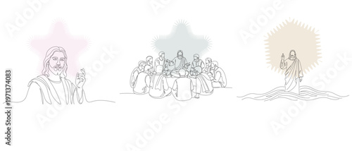 Elegant Line Art Illustrations Depicting Biblical Scenes with Jesus, Including the Last Supper and Miraculous Events