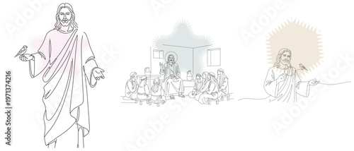 Illustrative depiction of Jesus Christ with doves and followers, conveying themes of peace, faith, and spiritual guidance in a minimalist style.