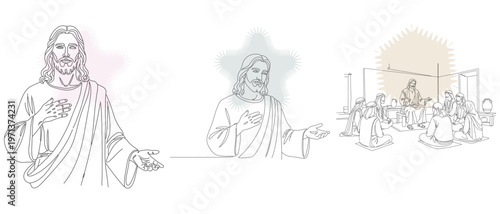 Illustrative depictions of Jesus Christ, showcasing scenes of blessing and teaching, rendered in a delicate sketch style.